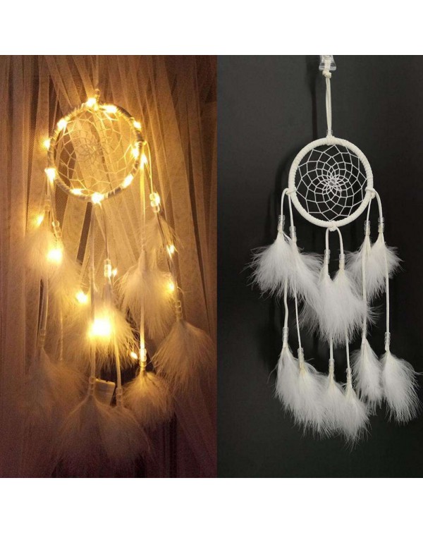 White Feather with Lamp Handmade Dreamcatcher Craft Dream Catcher Net Gift