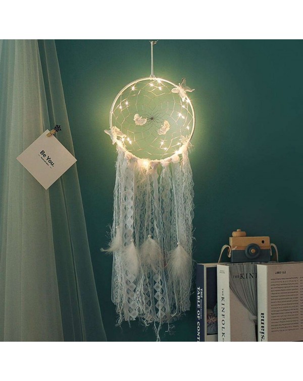 Feather Lace Webbing Dream Catcher Romantic Wall Hanging Decor with Light