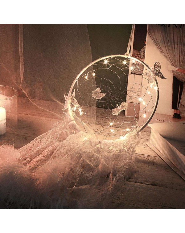 Feather Lace Webbing Dream Catcher Romantic Wall Hanging Decor with Light