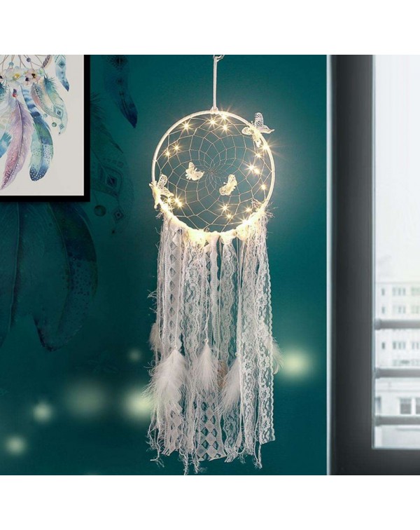 Feather Lace Webbing Dream Catcher Romantic Wall Hanging Decor with Light