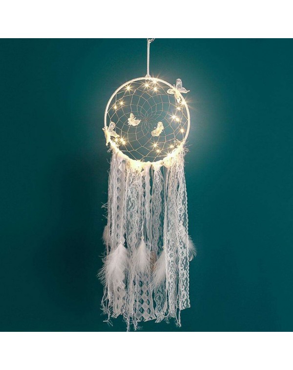 Feather Lace Webbing Dream Catcher Romantic Wall Hanging Decor with Light