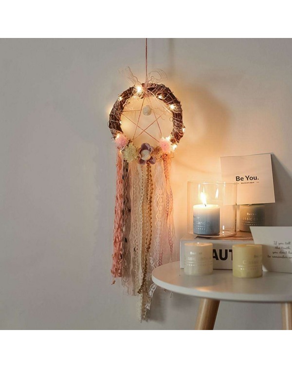 Rattan Lace Ribbon Dream Catcher Romantic Wall Hanging Decor with Light