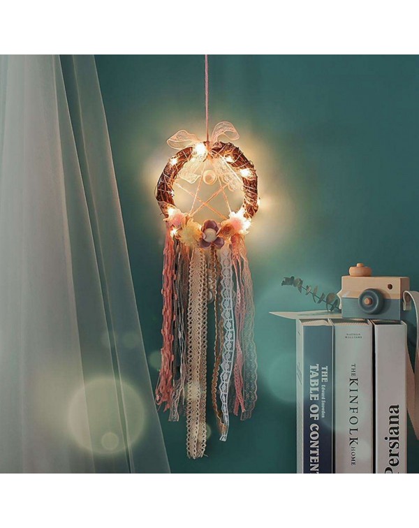 Rattan Lace Ribbon Dream Catcher Romantic Wall Hanging Decor with Light