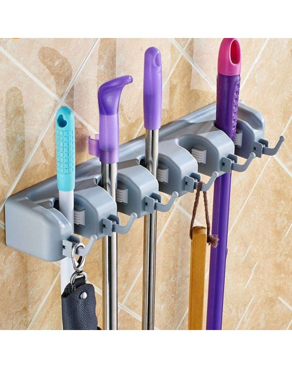 Plastic Mop Holder Broom Organizer 5 Slots 6 Hooks Wall Mounted