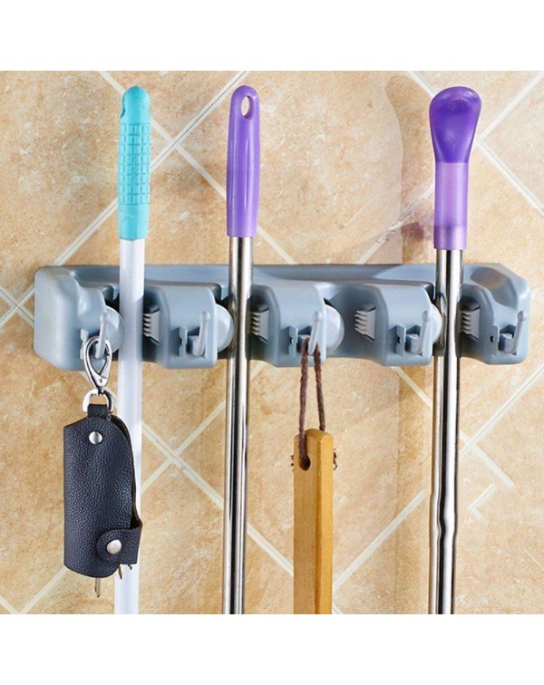 Plastic Mop Holder Broom Organizer 5 Slots 6 Hooks Wall Mounted