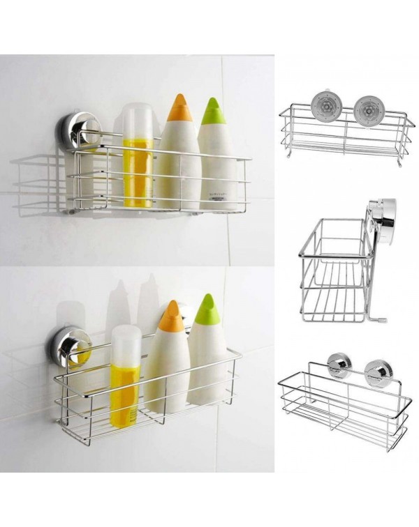 Stainless Steel Vacuum Suction Cup Kitchen Bath Shelf Storage Basket Rack