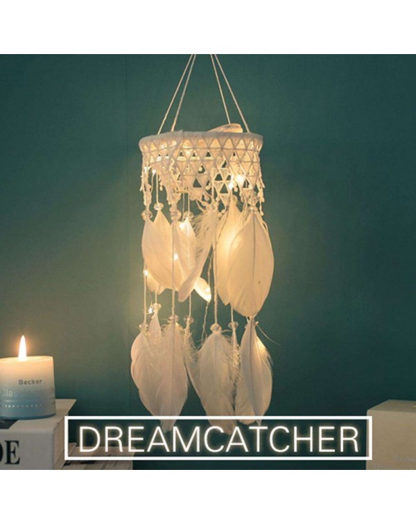 Handmade Wind Chimes Wall Hanging Pendant Feather Dreamcatcher with Lamp